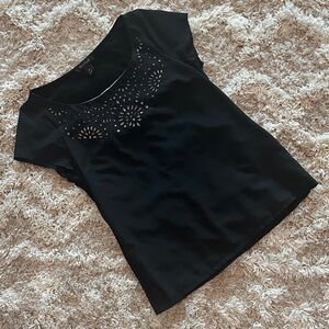 White House Black Market Black Blouse with Laser Cut Design